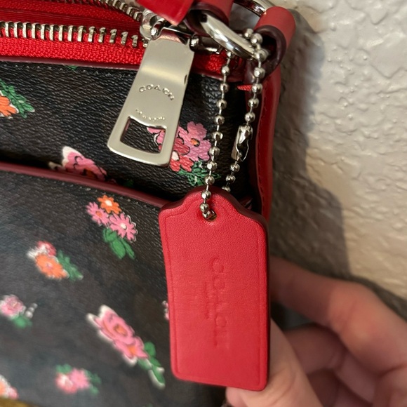 Coach Signature Canvas Leather Crossbody East West Pop Brown Floral Red Pink - Picture 2 of 9